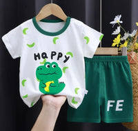 kids cotton 2pc suit (Happy Life) White&Green (2p-117)